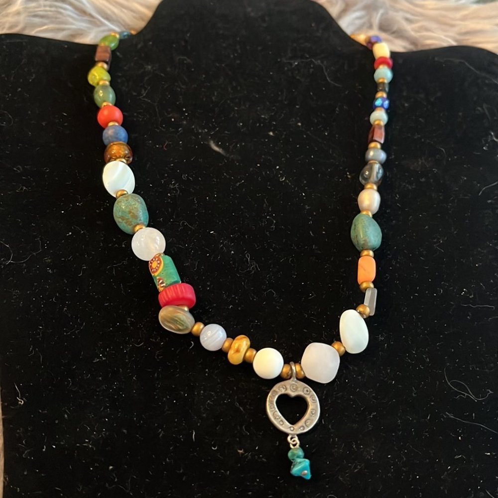 Vintage Peyote Bird Sterling, Multi-Gemstone & Glass Bead Necklace w/Open Heart - Picture 4 of 8